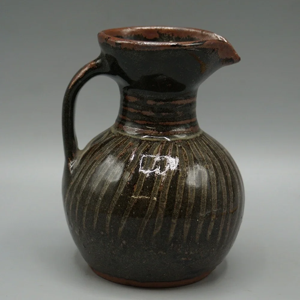 Studio Pottery Pitcher Tenmoku Iron Glaze Fluted Stoneware Signed Stamp 6